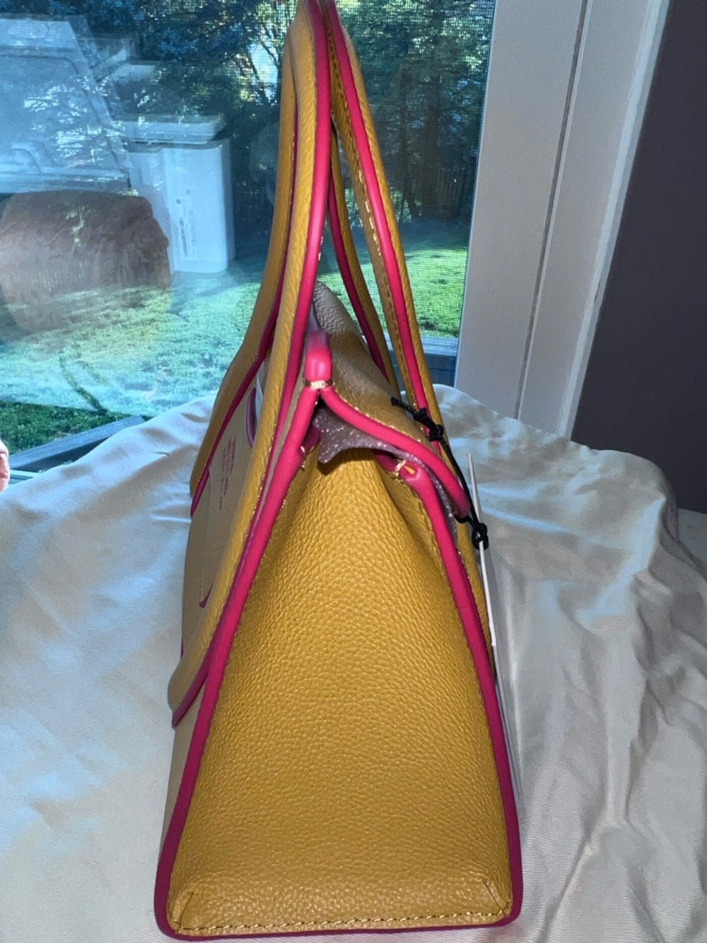 Pebbled Yellow Crossbody Bag with Sculptural Handle - Picture 11 of 14